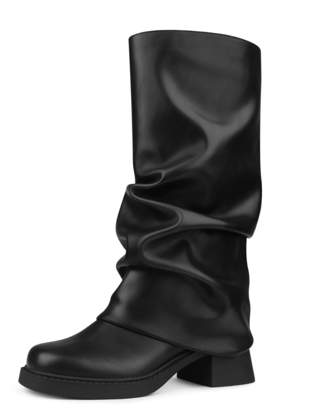 Women's Slouchy Fold Over Boots Suqare Toe Mid-Calf Booties Low Heel